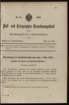 Post- und Telegraphen-Verordnungsblatt für das Verwaltungsgebiet des K.-K. Handelsministeriums 19080513 Seite: 1