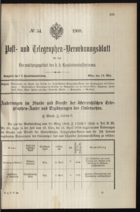 Post- und Telegraphen-Verordnungsblatt für das Verwaltungsgebiet des K.-K. Handelsministeriums 19080516 Seite: 1