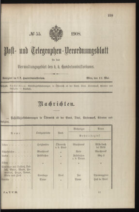 Post- und Telegraphen-Verordnungsblatt für das Verwaltungsgebiet des K.-K. Handelsministeriums 19080519 Seite: 1