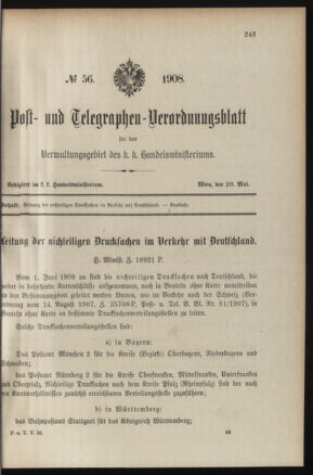 Post- und Telegraphen-Verordnungsblatt für das Verwaltungsgebiet des K.-K. Handelsministeriums 19080520 Seite: 1