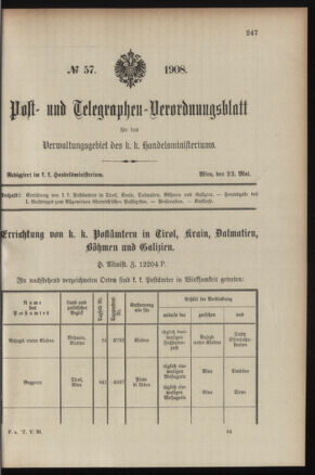 Post- und Telegraphen-Verordnungsblatt für das Verwaltungsgebiet des K.-K. Handelsministeriums 19080523 Seite: 1