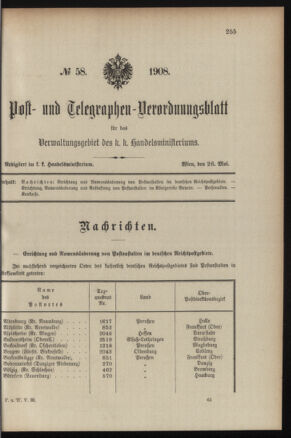 Post- und Telegraphen-Verordnungsblatt für das Verwaltungsgebiet des K.-K. Handelsministeriums 19080526 Seite: 1