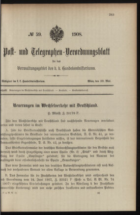 Post- und Telegraphen-Verordnungsblatt für das Verwaltungsgebiet des K.-K. Handelsministeriums 19080530 Seite: 1