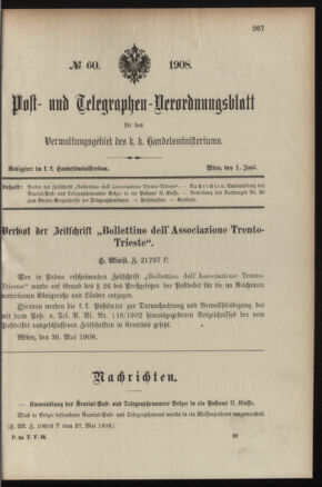 Post- und Telegraphen-Verordnungsblatt für das Verwaltungsgebiet des K.-K. Handelsministeriums 19080601 Seite: 1