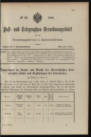 Post- und Telegraphen-Verordnungsblatt für das Verwaltungsgebiet des K.-K. Handelsministeriums 19080604 Seite: 1