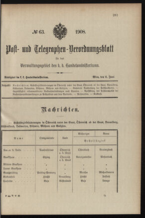 Post- und Telegraphen-Verordnungsblatt für das Verwaltungsgebiet des K.-K. Handelsministeriums 19080606 Seite: 1