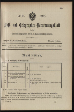 Post- und Telegraphen-Verordnungsblatt für das Verwaltungsgebiet des K.-K. Handelsministeriums 19080610 Seite: 1