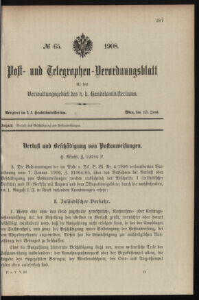 Post- und Telegraphen-Verordnungsblatt für das Verwaltungsgebiet des K.-K. Handelsministeriums 19080612 Seite: 1