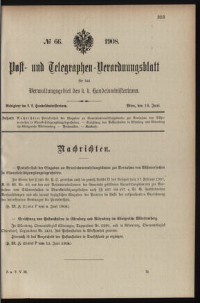 Post- und Telegraphen-Verordnungsblatt für das Verwaltungsgebiet des K.-K. Handelsministeriums 19080616 Seite: 1