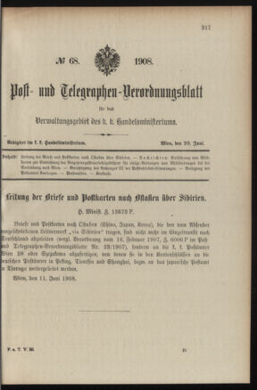 Post- und Telegraphen-Verordnungsblatt für das Verwaltungsgebiet des K.-K. Handelsministeriums 19080620 Seite: 1