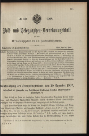 Post- und Telegraphen-Verordnungsblatt für das Verwaltungsgebiet des K.-K. Handelsministeriums 19080626 Seite: 1