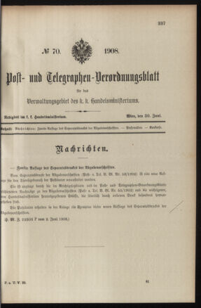 Post- und Telegraphen-Verordnungsblatt für das Verwaltungsgebiet des K.-K. Handelsministeriums 19080630 Seite: 1