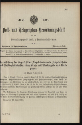 Post- und Telegraphen-Verordnungsblatt für das Verwaltungsgebiet des K.-K. Handelsministeriums 19080701 Seite: 1