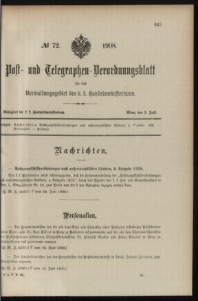 Post- und Telegraphen-Verordnungsblatt für das Verwaltungsgebiet des K.-K. Handelsministeriums 19080703 Seite: 1