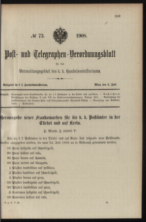 Post- und Telegraphen-Verordnungsblatt für das Verwaltungsgebiet des K.-K. Handelsministeriums 19080704 Seite: 1