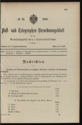 Post- und Telegraphen-Verordnungsblatt für das Verwaltungsgebiet des K.-K. Handelsministeriums 19080706 Seite: 1