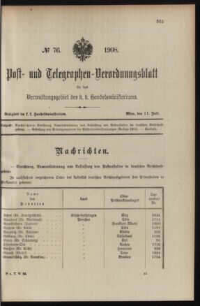 Post- und Telegraphen-Verordnungsblatt für das Verwaltungsgebiet des K.-K. Handelsministeriums 19080711 Seite: 1