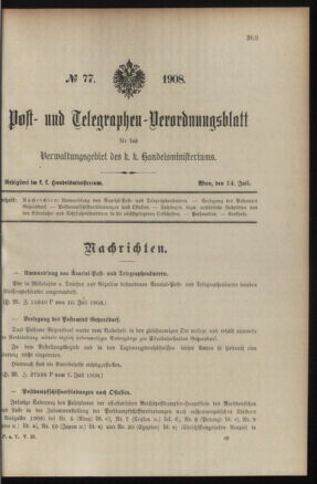 Post- und Telegraphen-Verordnungsblatt für das Verwaltungsgebiet des K.-K. Handelsministeriums 19080714 Seite: 1