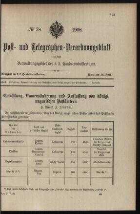 Post- und Telegraphen-Verordnungsblatt für das Verwaltungsgebiet des K.-K. Handelsministeriums 19080716 Seite: 1