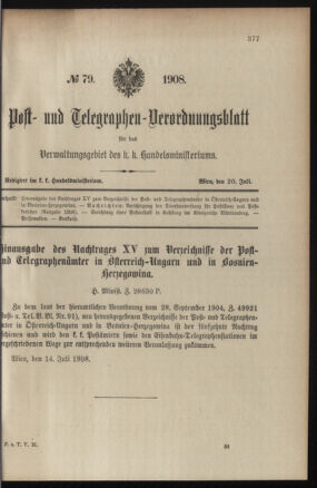 Post- und Telegraphen-Verordnungsblatt für das Verwaltungsgebiet des K.-K. Handelsministeriums 19080720 Seite: 1