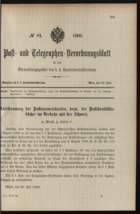 Post- und Telegraphen-Verordnungsblatt für das Verwaltungsgebiet des K.-K. Handelsministeriums 19080723 Seite: 1