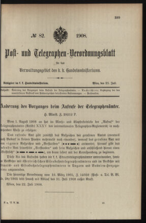 Post- und Telegraphen-Verordnungsblatt für das Verwaltungsgebiet des K.-K. Handelsministeriums 19080725 Seite: 1