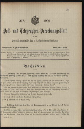 Post- und Telegraphen-Verordnungsblatt für das Verwaltungsgebiet des K.-K. Handelsministeriums 19080808 Seite: 1