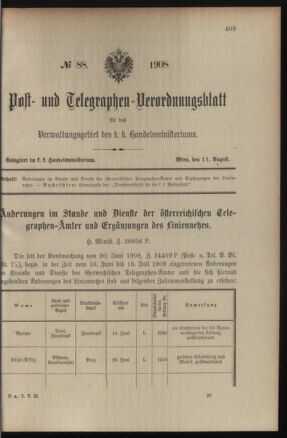 Post- und Telegraphen-Verordnungsblatt für das Verwaltungsgebiet des K.-K. Handelsministeriums 19080811 Seite: 1