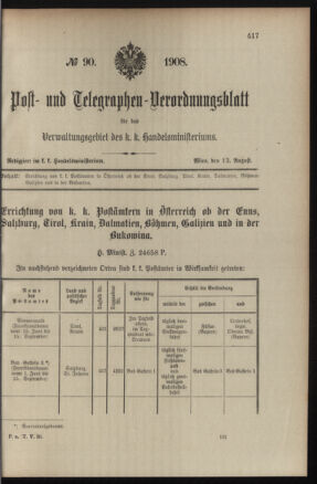 Post- und Telegraphen-Verordnungsblatt für das Verwaltungsgebiet des K.-K. Handelsministeriums 19080813 Seite: 1