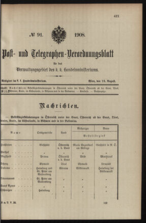 Post- und Telegraphen-Verordnungsblatt für das Verwaltungsgebiet des K.-K. Handelsministeriums 19080818 Seite: 1