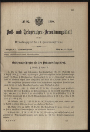 Post- und Telegraphen-Verordnungsblatt für das Verwaltungsgebiet des K.-K. Handelsministeriums 19080819 Seite: 1