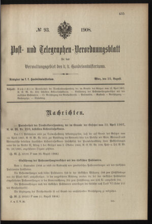 Post- und Telegraphen-Verordnungsblatt für das Verwaltungsgebiet des K.-K. Handelsministeriums 19080825 Seite: 1