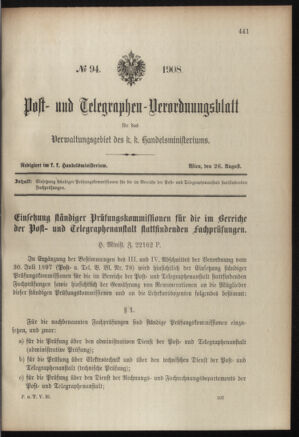 Post- und Telegraphen-Verordnungsblatt für das Verwaltungsgebiet des K.-K. Handelsministeriums 19080826 Seite: 1