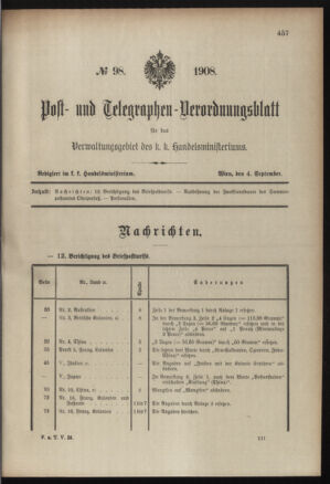 Post- und Telegraphen-Verordnungsblatt für das Verwaltungsgebiet des K.-K. Handelsministeriums 19080904 Seite: 1