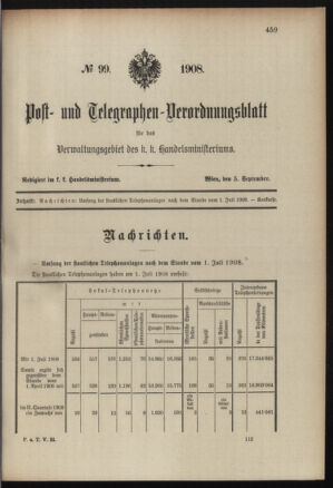 Post- und Telegraphen-Verordnungsblatt für das Verwaltungsgebiet des K.-K. Handelsministeriums 19080905 Seite: 1