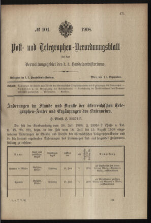 Post- und Telegraphen-Verordnungsblatt für das Verwaltungsgebiet des K.-K. Handelsministeriums 19080911 Seite: 1