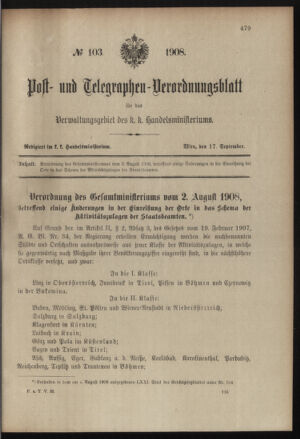 Post- und Telegraphen-Verordnungsblatt für das Verwaltungsgebiet des K.-K. Handelsministeriums 19080917 Seite: 1