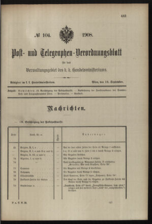 Post- und Telegraphen-Verordnungsblatt für das Verwaltungsgebiet des K.-K. Handelsministeriums 19080918 Seite: 1