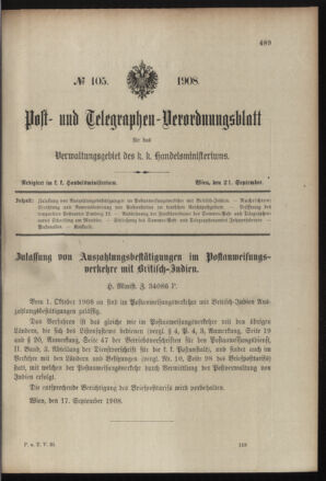 Post- und Telegraphen-Verordnungsblatt für das Verwaltungsgebiet des K.-K. Handelsministeriums 19080921 Seite: 1