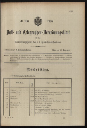 Post- und Telegraphen-Verordnungsblatt für das Verwaltungsgebiet des K.-K. Handelsministeriums 19080922 Seite: 1