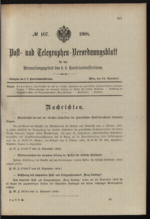 Post- und Telegraphen-Verordnungsblatt für das Verwaltungsgebiet des K.-K. Handelsministeriums 19080924 Seite: 1