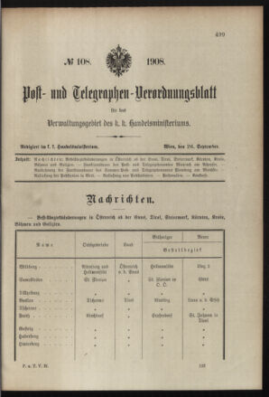 Post- und Telegraphen-Verordnungsblatt für das Verwaltungsgebiet des K.-K. Handelsministeriums 19080926 Seite: 1