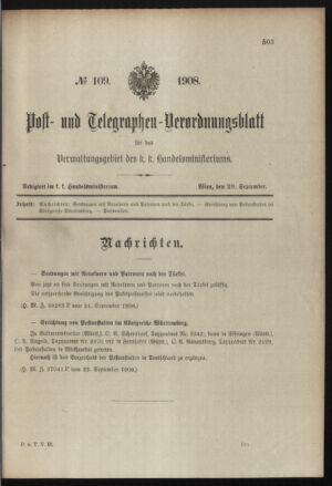 Post- und Telegraphen-Verordnungsblatt für das Verwaltungsgebiet des K.-K. Handelsministeriums 19080929 Seite: 1