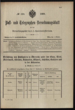 Post- und Telegraphen-Verordnungsblatt für das Verwaltungsgebiet des K.-K. Handelsministeriums 19081001 Seite: 1