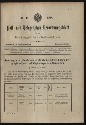 Post- und Telegraphen-Verordnungsblatt für das Verwaltungsgebiet des K.-K. Handelsministeriums 19081006 Seite: 1