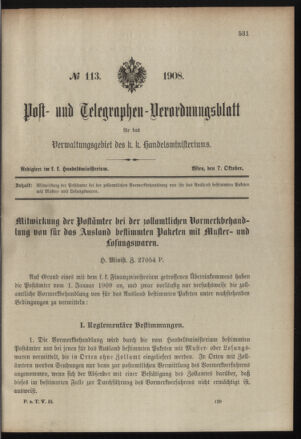 Post- und Telegraphen-Verordnungsblatt für das Verwaltungsgebiet des K.-K. Handelsministeriums 19081007 Seite: 1