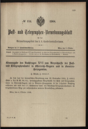 Post- und Telegraphen-Verordnungsblatt für das Verwaltungsgebiet des K.-K. Handelsministeriums 19081009 Seite: 1