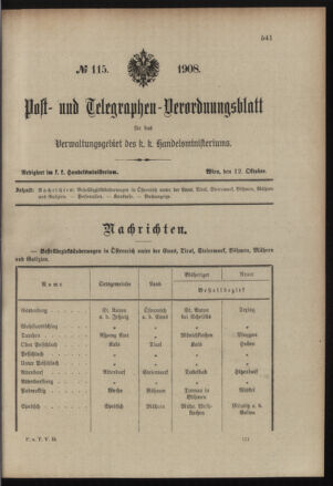 Post- und Telegraphen-Verordnungsblatt für das Verwaltungsgebiet des K.-K. Handelsministeriums 19081012 Seite: 1