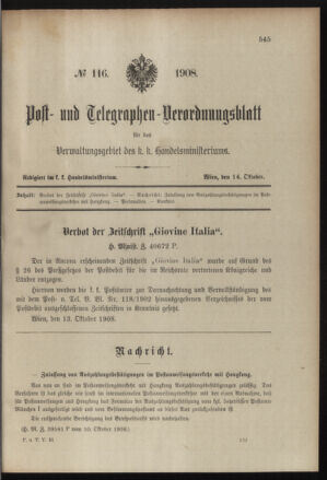 Post- und Telegraphen-Verordnungsblatt für das Verwaltungsgebiet des K.-K. Handelsministeriums 19081014 Seite: 1