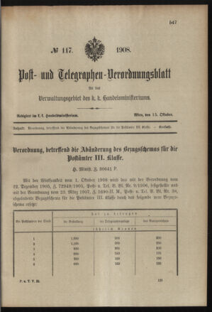 Post- und Telegraphen-Verordnungsblatt für das Verwaltungsgebiet des K.-K. Handelsministeriums 19081015 Seite: 1